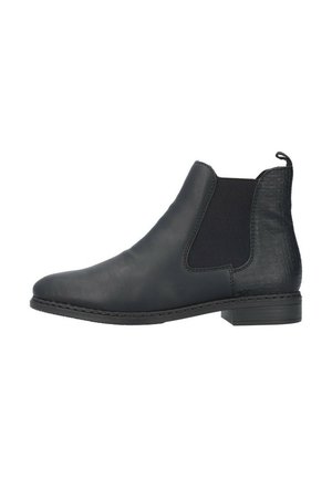 Schwarze Leder-Stiefelette mit elastischen Seiteneinsätzen, niedrigem Blockabsatz und strukturiertem Akzent auf der Rückseite. Glatte Oberfläche mit abgerundeter Zehenpartie.