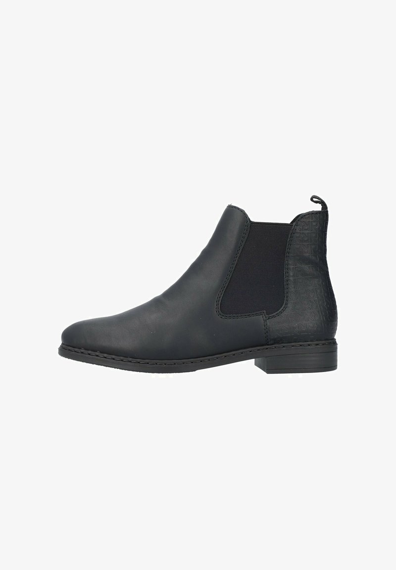 Black leather ankle boot with elastic side panels, low block heel, and textured accent on the back. Smooth finish with rounded toe.