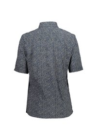 Korte mouwen shirt van marineblauwe stof met een bloemenpatroon in wit en geel. Heeft een kraag en een rechte snit aan de onderkant.