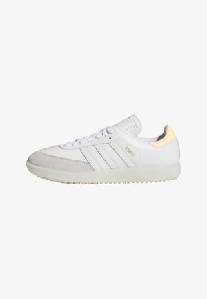 White athletic shoe with suede and synthetic upper, featuring three horizontal stripes, textured heel, and rubber sole with a slight yellow accent.