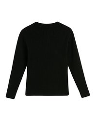 Czarna sweter z prążkowanej tkaniny, z długimi rękawami, okrągłym dekoltem i teksturowanym materiałem. Posiada prosty krój i minimalistyczny design.