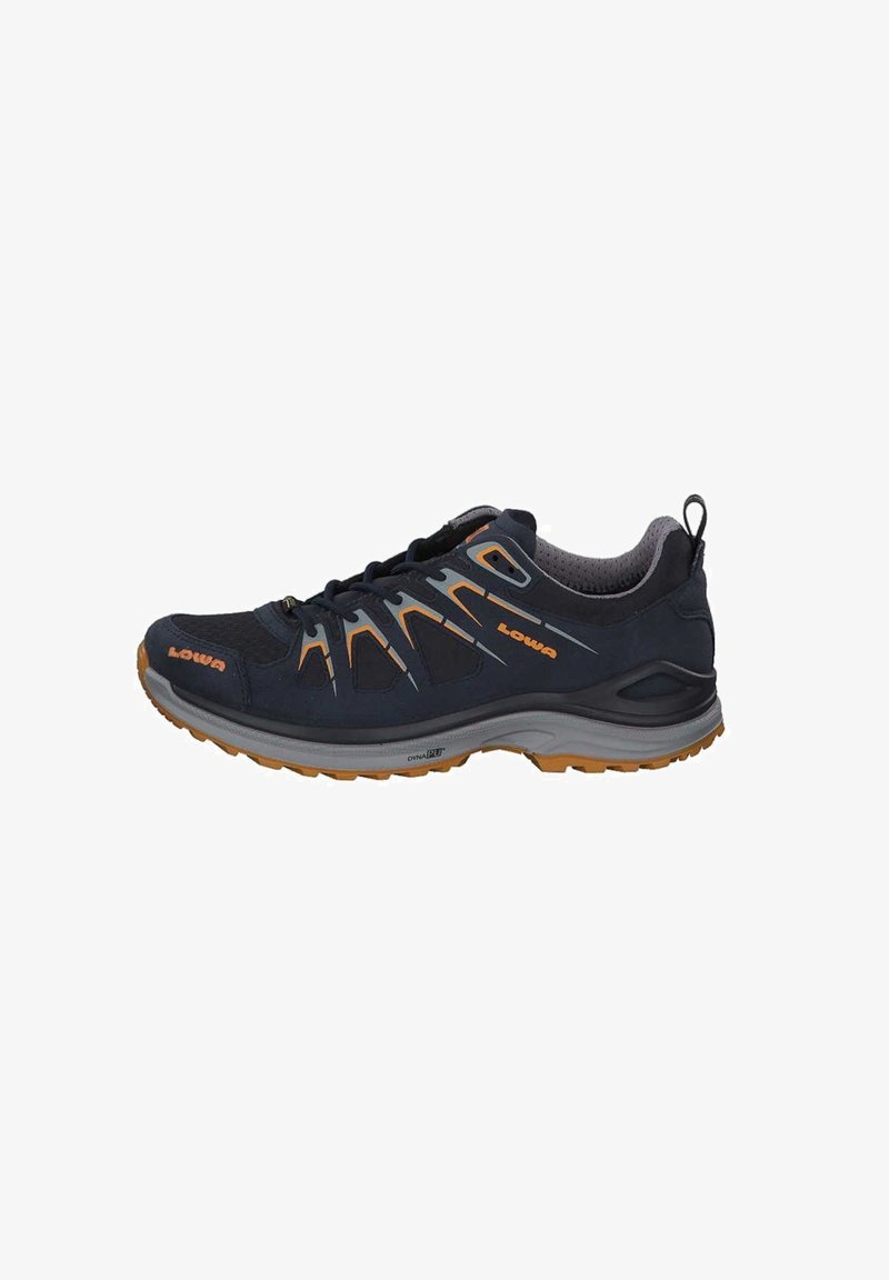 Men's hiking shoes with a black mesh upper, orange and gray accents, a rubber sole, and a padded collar for comfort.
