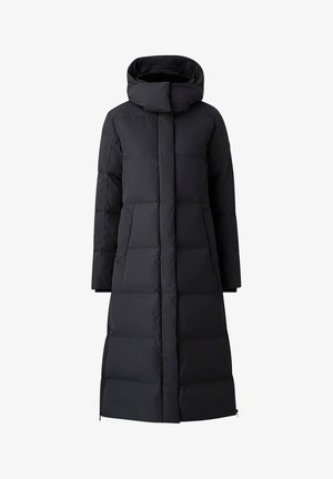 Schwarzer gepolsterter Mantel mit hohem Kragen und Kapuze, gerader Silhouette, gestepptem Textur und mit Reißverschlüssen versehenen Seitentaschen.