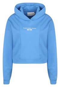 Kék rövidített kapucnis pulóver texturált panel dizájnnal, elől fehér "Calvin Klein Jeans NEW YORK" logóval. Puha anyag és laza fazon.