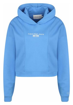 Blaues, kurzes Hoodie mit strukturiertem Paneeldesign, versehen mit einem Frontlogo "Calvin Klein Jeans NEW YORK" in Weiß. Weicher Stoff und entspannter Schnitt.
