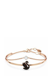 Bracelet en or rose avec un design de cygne noir orné d'accents scintillants et d'une pierre précieuse transparente. Comprend une chaîne délicate et un fermoir à mousqueton.