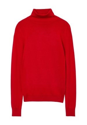 Red turtleneck sweater made of soft knit fabric. Features long sleeves, a fitted silhouette, and ribbed neckline and cuffs.