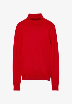 Roter Rollkragenpullover aus weichem Strickstoff. Verfügt über lange Ärmel, eine taillierte Silhouette sowie gerippte Kragen- und Ärmelsäume.