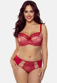 Red lace bra and matching panties set featuring a floral pattern, sheer panels, and adjustable straps with a smooth finish.