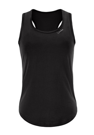 Zwarte tanktop van een gladde, lichte stof. Heeft een ronde hals, smalle bandjes en een logo nabij de halslijn.