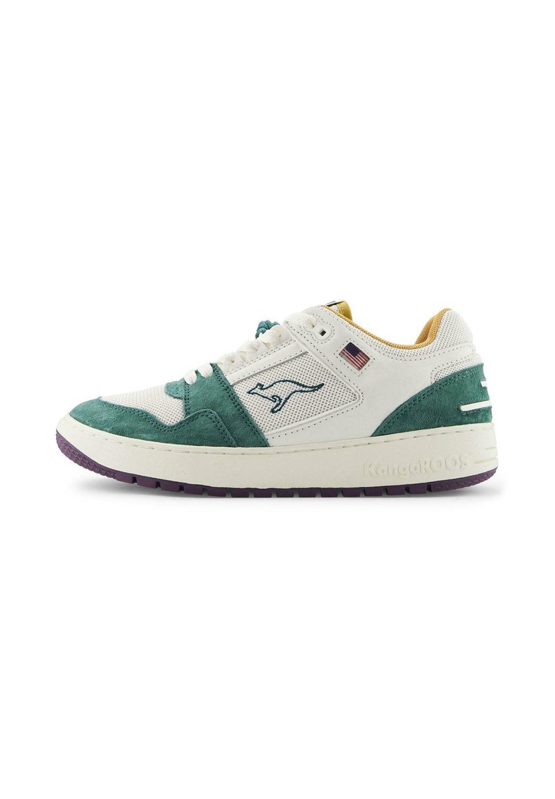Vit sneakers med teal mockadetaljer, meshdela och en lila gummisula. Har en känguru-logotyp och en liten amerikansk flagga.