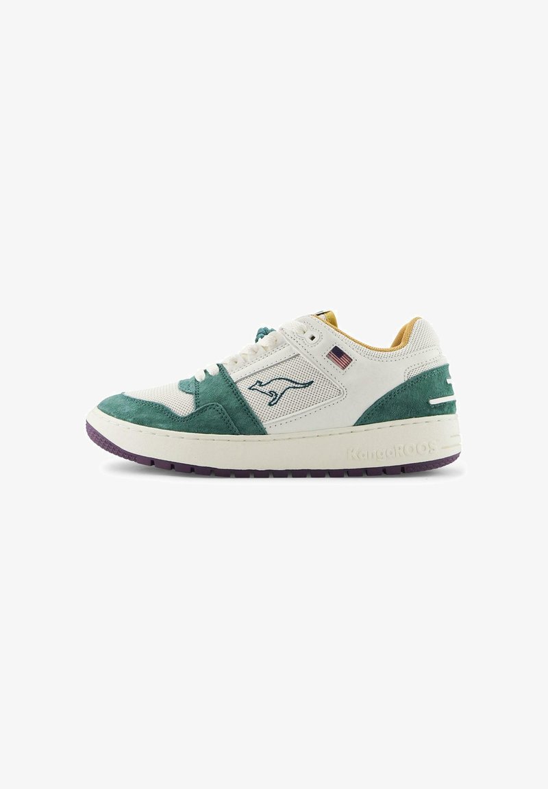 Vit sneakers med teal mockadetaljer, meshdela och en lila gummisula. Har en känguru-logotyp och en liten amerikansk flagga.