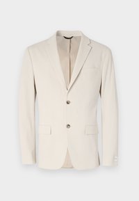 Lichtbeige gestructureerde blazer met een enkele knoopsluiting, notch-revers en twee voorzakken. Decoratieve stiksels en subtiele voeringdetails.