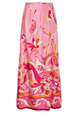 Lange roze rok met een bloemenpatroon in tinten van oranje, violet en wit. Gemaakt van gladde stof met een vloeiende silhoeet.