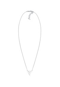 Zilveren ketting met een driehoekige hanger. De hanger heeft een gelaagd ontwerp met een gepolijste afwerking en een dunne, delicate ketting.
