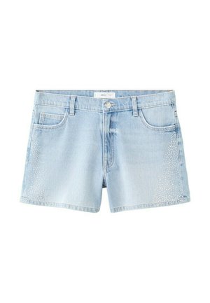Shorts en denim bleu clair avec poches avant, passants pour ceinture, fermeture par bouton, et détails subtils en strass de chaque côté.
