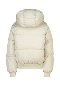 Giacca imbottita color crema con cappuccio, polsini ed elastico in vita, vista da dietro su uno sfondo bianco.
