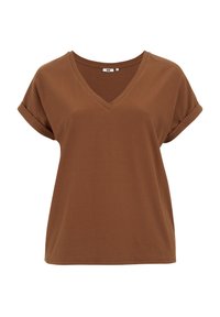 T-shirt marron à col en V avec des manches courtes roulées, présentant un motif texturé et une coupe ample. Tissu doux avec un léger éclat.