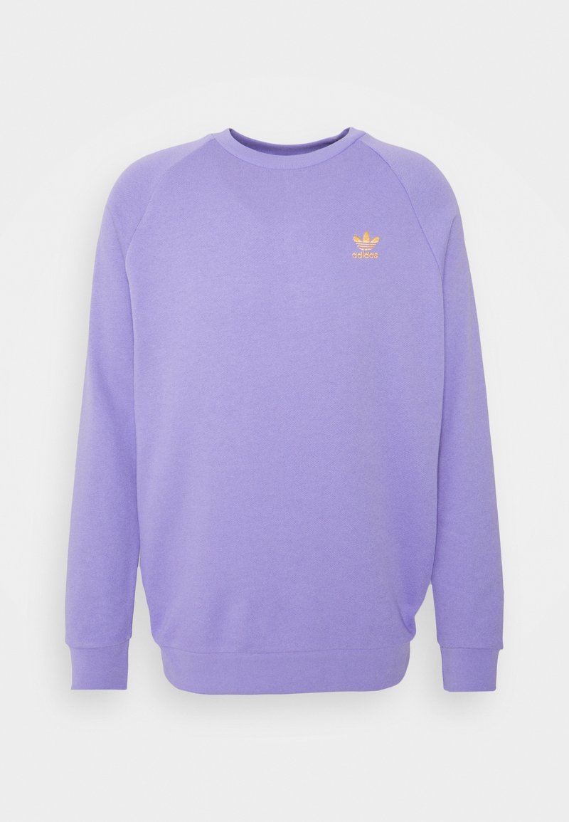Purple sweatshirt with a crew neck and ribbed cuffs. Features raglan sleeves and a small orange logo on the chest. Soft texture.
