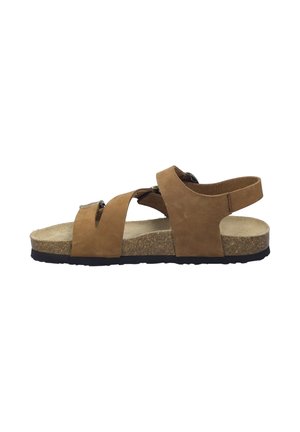 Brown suede sandal with a cork footbed, adjustable cross straps, and a rear heel strap. Black rubber sole for grip.