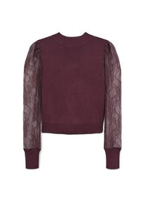 Pullover bordeaux con maniche lunghe in pizzo trasparente. Polsini e orlo a costine con una finitura texture sul corpo, che offre una silhouette aderente.