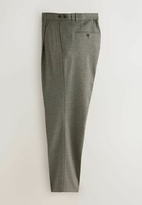 Gray textured trousers featuring two black button closures, side pockets, and a back pocket with button, shown hanging flat against a light background.