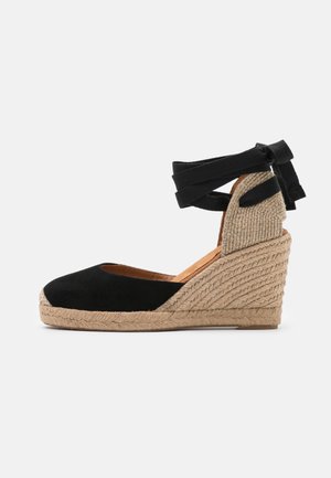 Sort ruskind espadrille med en struktureret, vævet kilehæl i jute og sorte stofremme omkring anklen, med rundet tå og sål i naturlig farve.