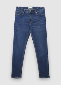 Jeans en denim bleu foncé avec un design à jambes droites, style cinq poches, fermeture par bouton et fermeture éclair, et surpiqûres jaunes contrastantes.