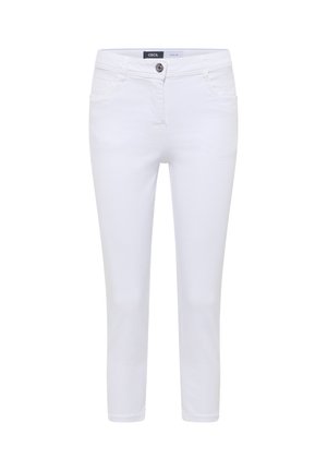 Jean slim blanc en denim avec fermeture à bouton et zip, poches avant et arrière, et passants de ceinture, présenté sur un fond uni.