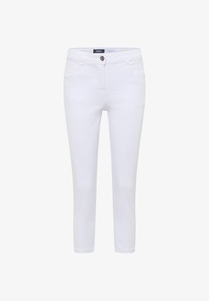 Jean slim blanc en denim avec fermeture à bouton et zip, poches avant et arrière, et passants de ceinture, présenté sur un fond uni.