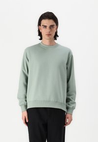 Hanorac verde deschis cu guler rotund, manșete și tiv ribbate. Fabricat dintr-un material neted, expus pe un model pe un fundal alb.