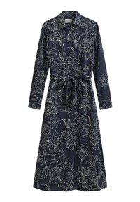 Φόρεμα ναυτικό μπλε με μακριά μανίκια, λουλουδάτο μοτίβο σε εκρού, γιακά, σφιγμένη μέση με υφασμάτινη ζώνη και μέσο μήκος.