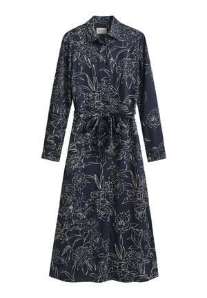 Marineblaues Kleid mit langen Ärmeln, Blumenmuster in Creme, Kragen, tailliert mit einem Stoffband und einer midilangen Silhouette.