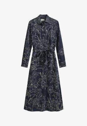 Abito blu navy a maniche lunghe, con motivo floreale color crema, scollo con colletto, vita cintrata con una cintura in tessuto e silhouette di lunghezza media.
