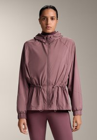 Lichte, capuchonjas in gedempt mauve, met een Taille die is aangesnoerd, elastische manchetten en een ritssluiting aan de voorkant. Gladde textuur, minimaal ontwerp.