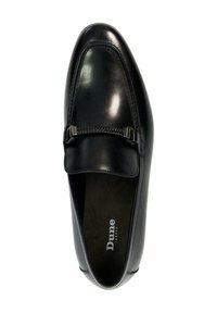 Black leather slip-on shoe with a rounded toe, featuring decorative strap accents and a smooth finish. Logo displayed on the insole.