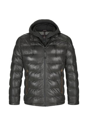 Graue Leder-Pufferjacke mit Kapuze, mit gestepptem Textur, zwei seitlichen Reißverschlusstaschen und Kordelzügen zur Anpassung der Kapuze.