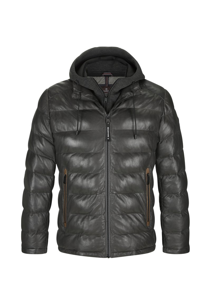 Graue Leder-Pufferjacke mit Kapuze, mit gestepptem Textur, zwei seitlichen Reißverschlusstaschen und Kordelzügen zur Anpassung der Kapuze.