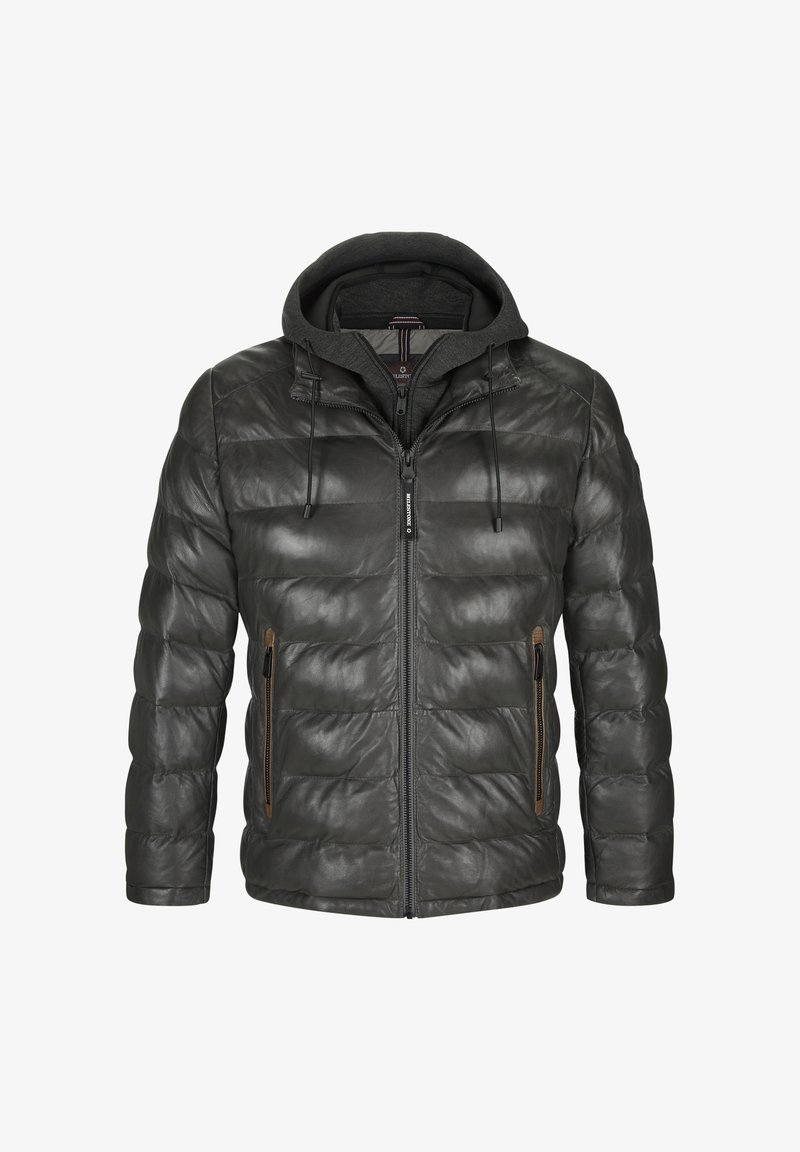 Graue Leder-Pufferjacke mit Kapuze, mit gestepptem Textur, zwei seitlichen Reißverschlusstaschen und Kordelzügen zur Anpassung der Kapuze.