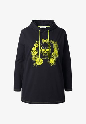 Sudadera negra con mangas largas, que presenta un estampado de calavera amarilla y flores. Las costuras en contraste y los cordones amarillos completan el diseño.