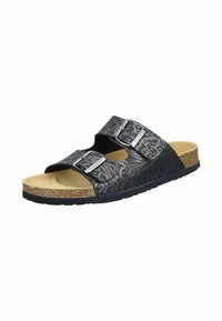 Black and brown patterned sandals with two adjustable buckles, cork footbed, and textured rubber sole. Open-toe and contoured design.