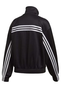Black athletic jacket with a high collar, featuring three white stripes across the back and white stripes along the sleeves. Smooth fabric.