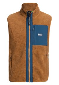Brun fleeceväst med en blå nylonbröstficka, dragkedjestängning och sidofickor. Har en hög krage och texturerad tygt.