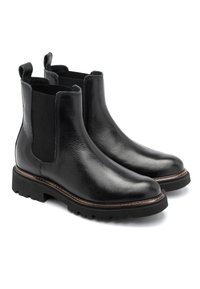 Czarne skórzane botki za kostkę z elastycznymi panelami bocznymi, teksturowanym wykończeniem, gumową podeszwą oraz kontrastowym szwem wzdłuż krawędzi.