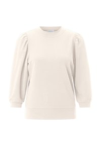 Hanorac bej deschis cu mâneci lungi, cu decolteu rotund, mâneci bufante adunate și textură netedă din bumbac. Design simplu și modern.