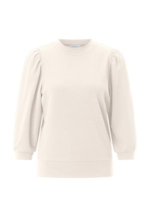 Svijetlo bež dugi rukav dukserica s okruglim izrezom, nabranim voluminoznim rukavima i glatkom pamuk teksturom. Jednostavan, moderan dizajn.