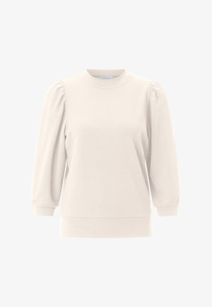 Lichtbeige sweater met lange mouwen, een ronde halslijn, geplooide pofmouwen en een gladde katoenstructuur. Eenvoudig, modern ontwerp.