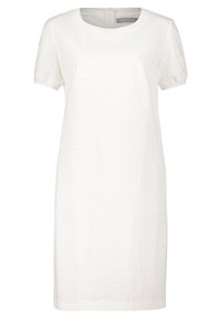 Weißes Kurzarmkleid mit einem strukturierten Lochmuster, rundem Ausschnitt und einem unauffälligen Reißverschluss hinten. Glatte Fütterung.