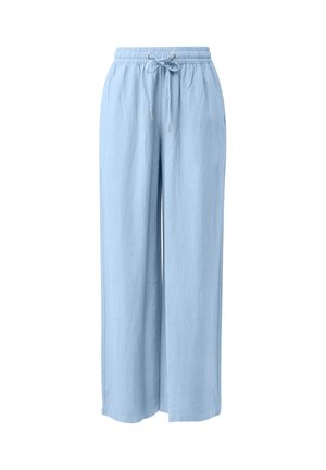 Light blue wide-leg pants with elastic waistband and adjustable drawstring, made from a soft, lightweight fabric.