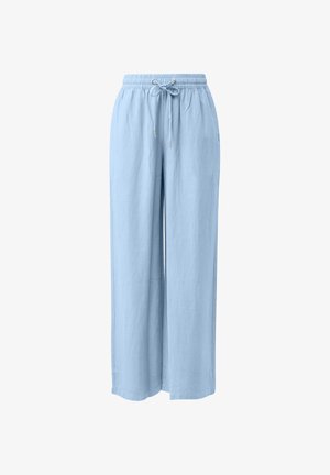 Light blue wide-leg pants with elastic waistband and adjustable drawstring, made from a soft, lightweight fabric.